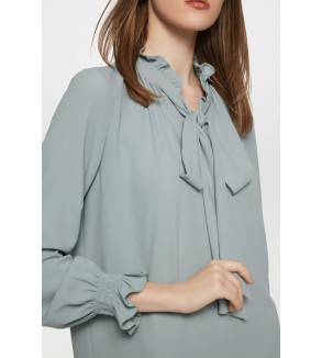Bessie Crepe Crinkle Ruffled Stand Collar Blouse with Tie details