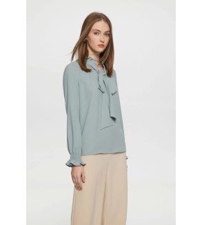 Bessie Crepe Crinkle Ruffled Stand Collar Blouse with Tie details